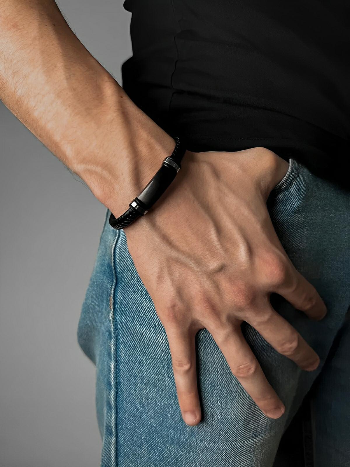 Bracelet cuir tressé homme, style gourmette minimaliste, accessoire élégant, modèle Georges - Bracelet - Noir S