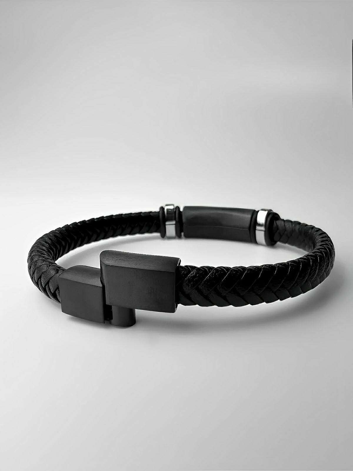 Bracelet cuir tressé homme, style gourmette minimaliste, accessoire élégant, modèle Georges - Bracelet - Noir S