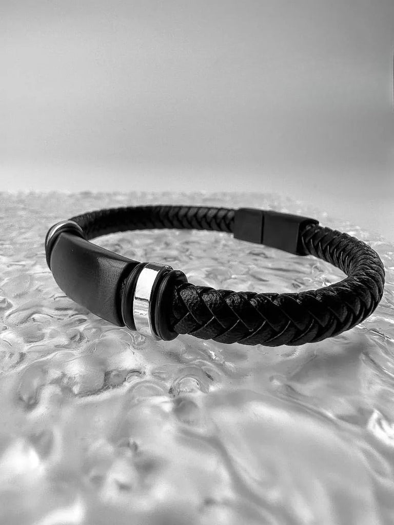 Bracelet cuir tressé homme, style gourmette minimaliste, accessoire élégant, modèle Georges - Bracelet - Noir S