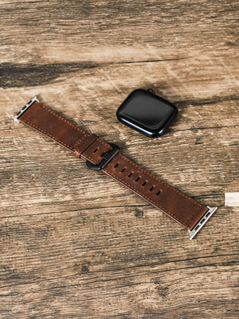 Bracelet cuir vintage Apple Watch, véritable cuir, boucle métallique, compatible toutes séries, modèle Damio - Bracelet Apple Watch - Marron 38 à 42mm