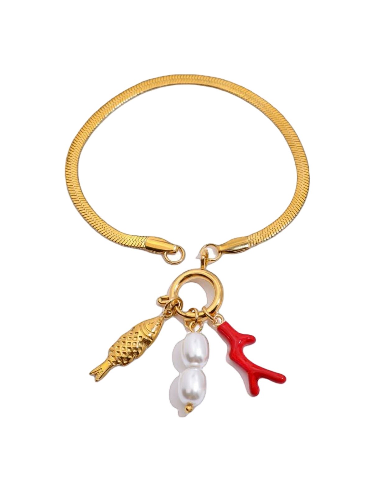 Bracelet doré acier inoxydable, perles baroques, pendentif poisson, corail rouge, charme marin, modèle Maryam - Boucles d'oreilles - Or