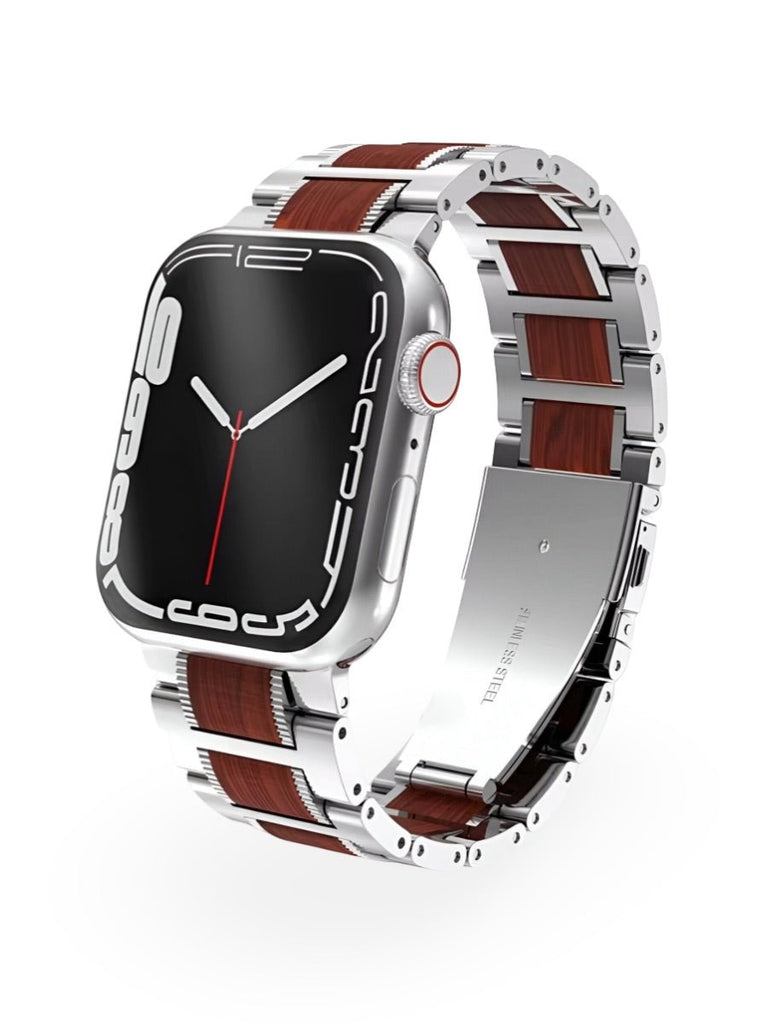 Bracelet en acier et bois pour Apple Watch, un style unique et naturel, modèle Donovac - Bracelet Apple Watch - Argent 38 à 42mm