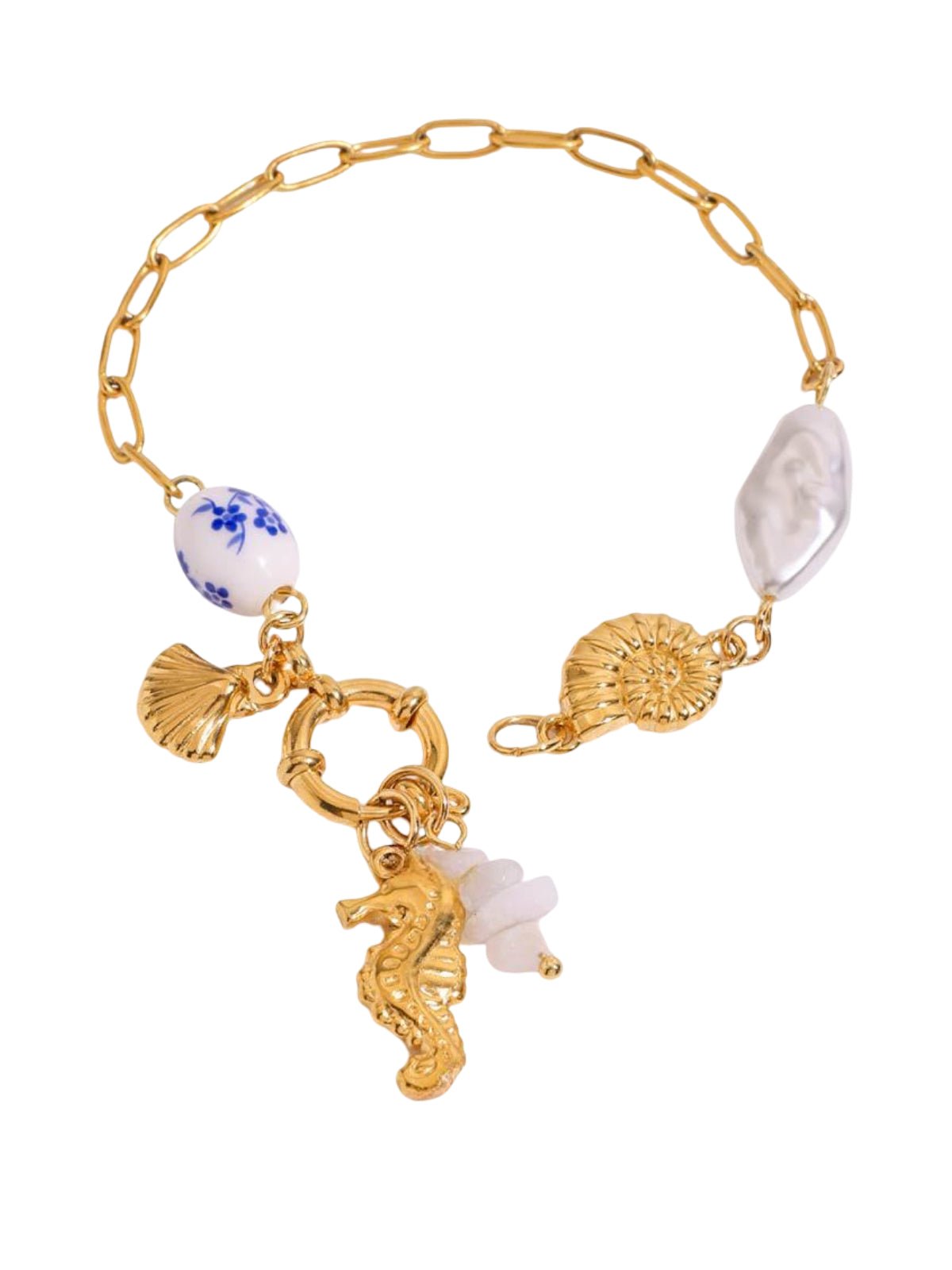 Bracelet en acier inoxydable dorée, charms marins, hippocampe, coquillage, vase, perles, chaîne or, modèle Capucine - Boucles d'oreilles - Or
