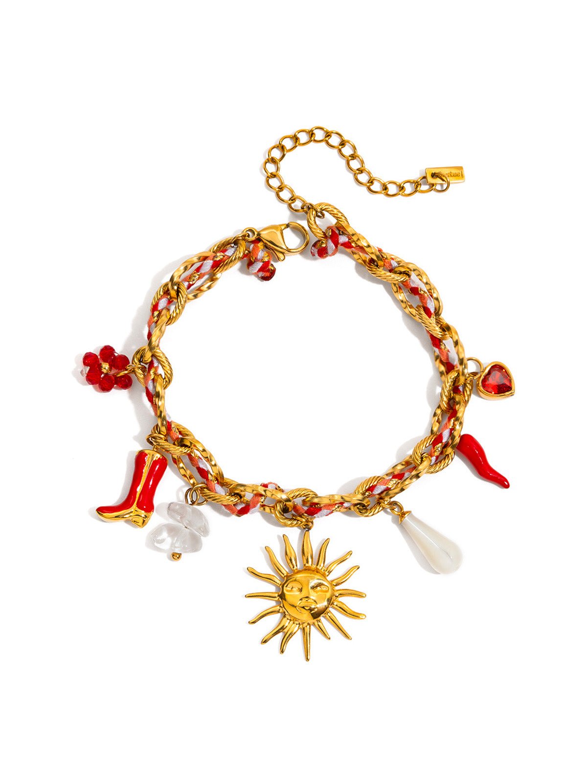 Bracelet en acier inoxydable dorée, multiples charms soleil, goutte, cœur, bottine, piment, modèle Astrid - Boucles d'oreilles - Or