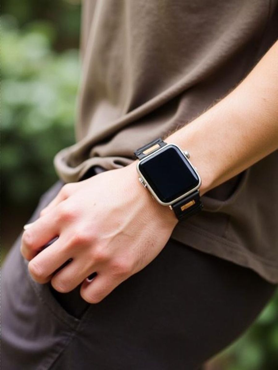 Bracelet en bois et acier pour Apple Watch, alliance de nature et modernité, modèle Francis - Bracelet Apple Watch - Noir 38 à 42mm