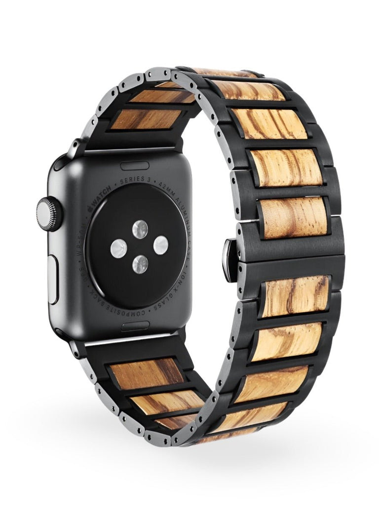 Bracelet en bois et acier pour Apple Watch, alliance de nature et modernité, modèle Francis - Bracelet Apple Watch - Noir 38 à 42mm