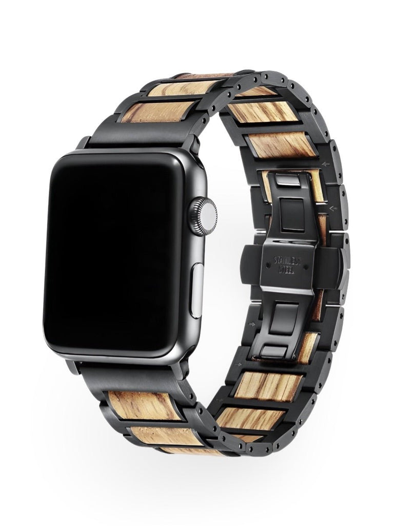 Bracelet en bois et acier pour Apple Watch, alliance de nature et modernité, modèle Francis - Bracelet Apple Watch - Noir 38 à 42mm