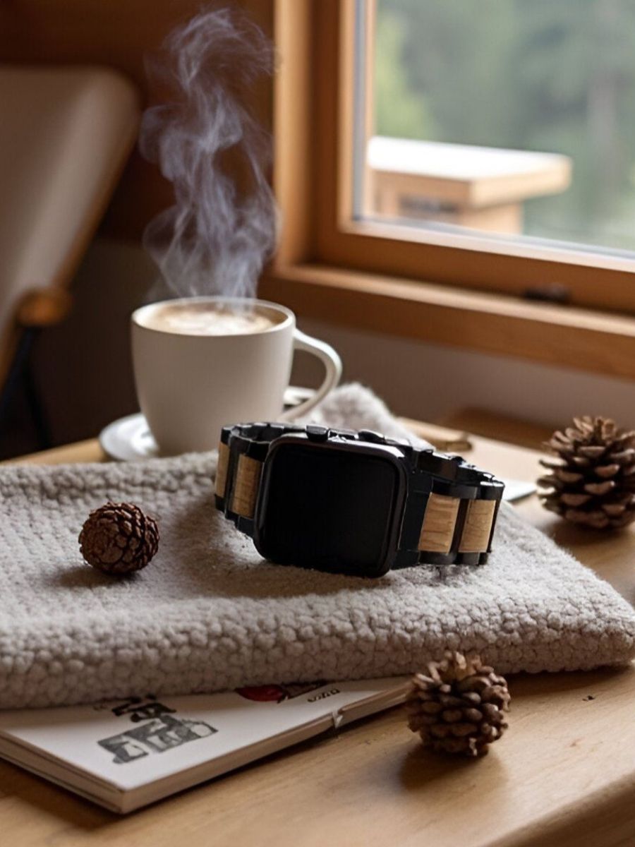 Bracelet en bois et acier pour Apple Watch, alliance de nature et modernité, modèle Francis - Bracelet Apple Watch - Noir 38 à 42mm