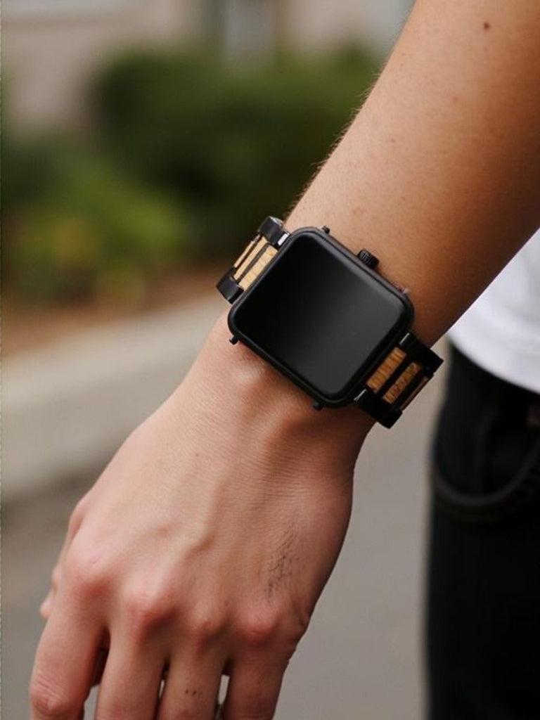 Bracelet en bois et acier pour Apple Watch, alliance de nature et modernité, modèle Francis - Bracelet Apple Watch - Noir 38 à 42mm