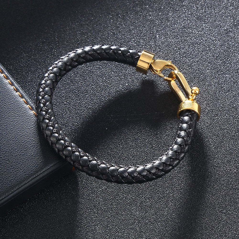 Bracelet en cuir, à mousqueton doré, modèle Danel - Bracelet - Noir 17 cm