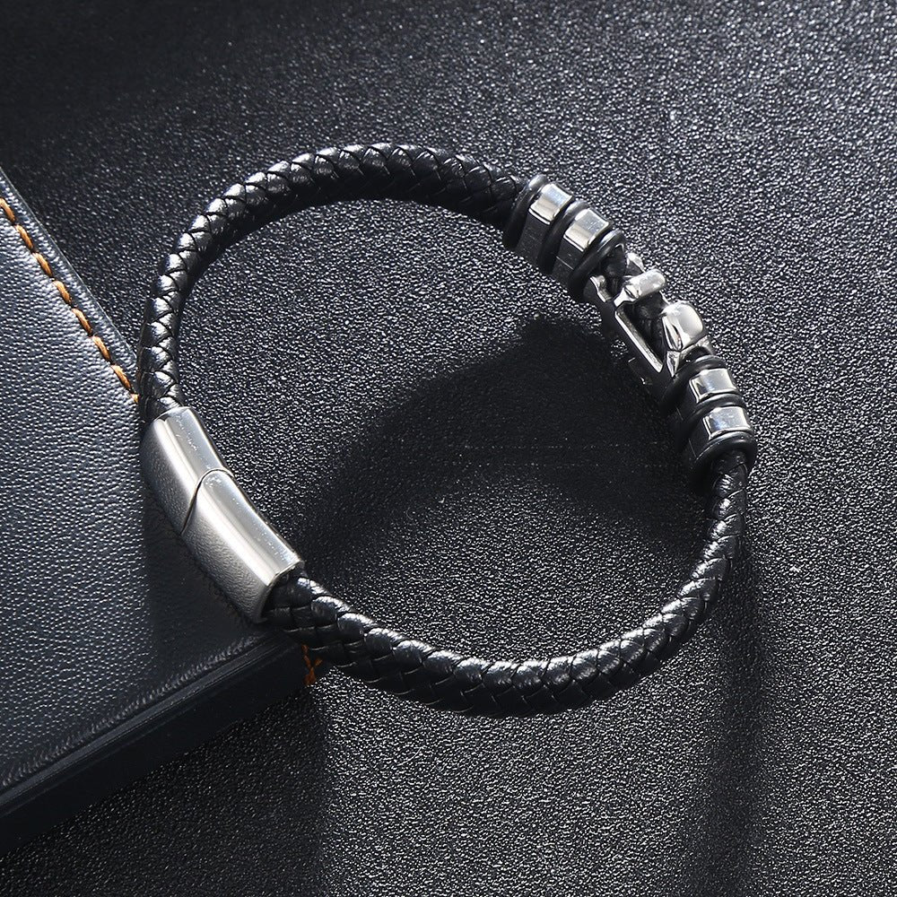 Bracelet en cuir, ancre marine, modèle Paulo - Bracelet - Noir 17 cm