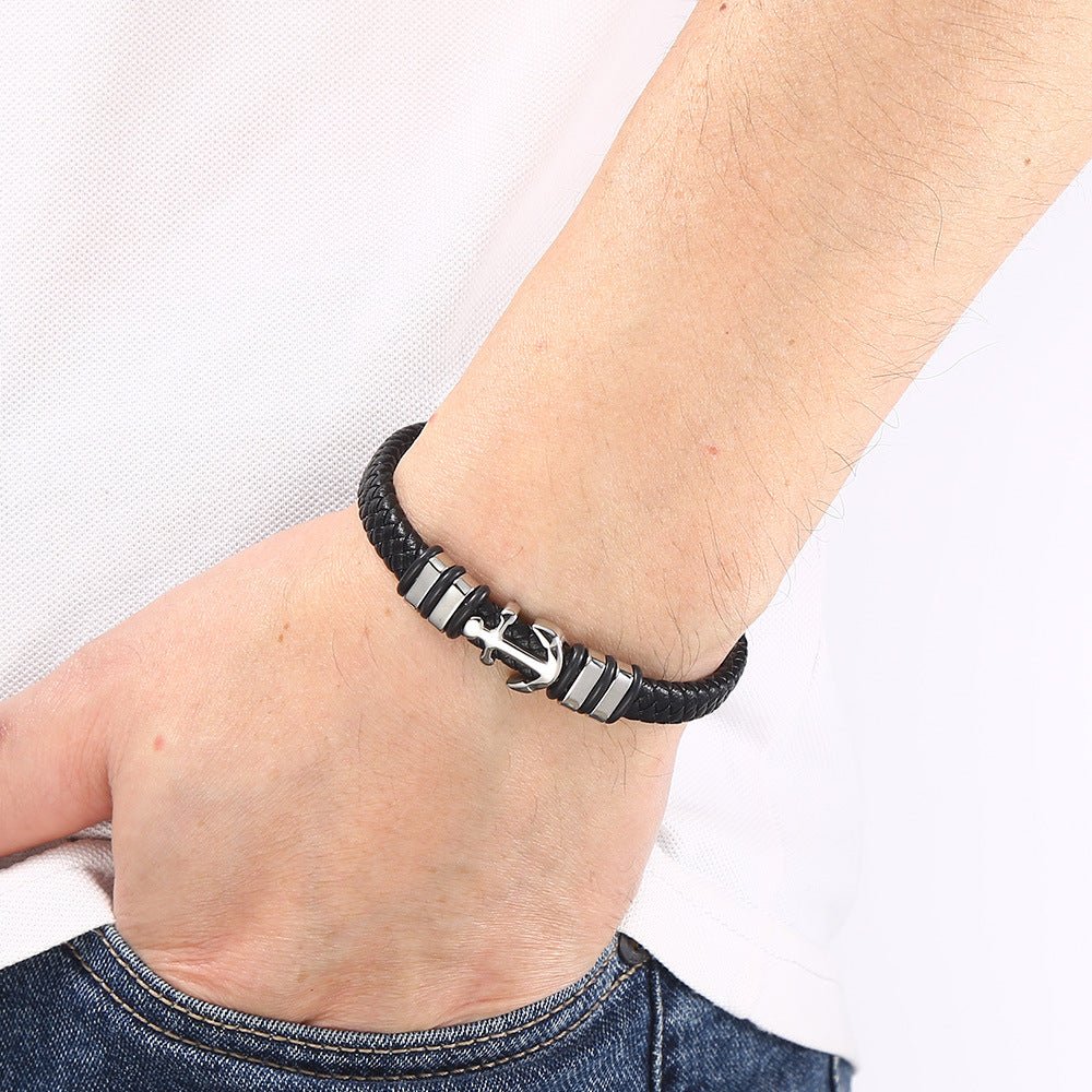 Bracelet en cuir, ancre marine, modèle Paulo - Bracelet - Noir 17 cm