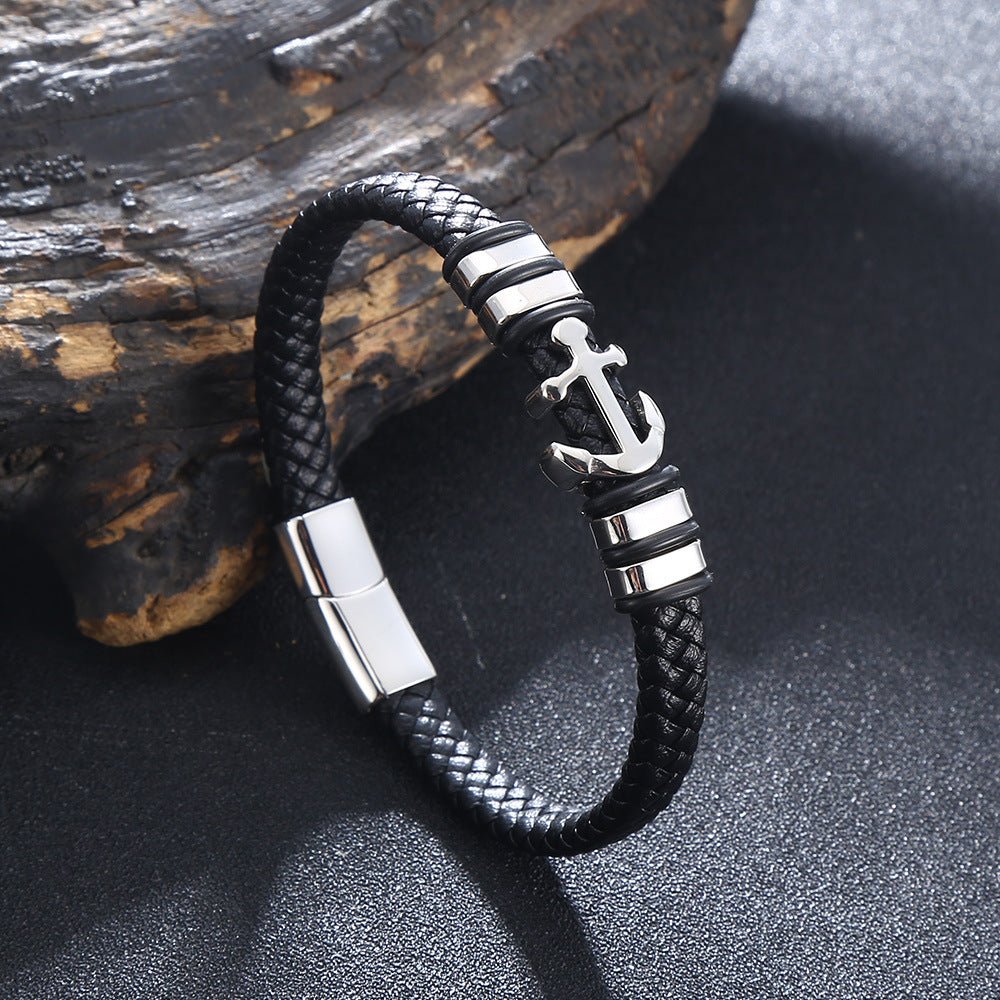 Bracelet en cuir, ancre marine, modèle Paulo - Bracelet - Noir 17 cm