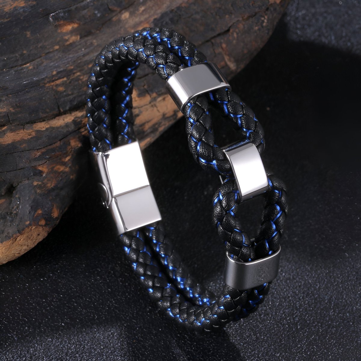 Bracelet en cuir, au look tendance, modèle Roney - Bracelet - Noir et bleu 17 cm