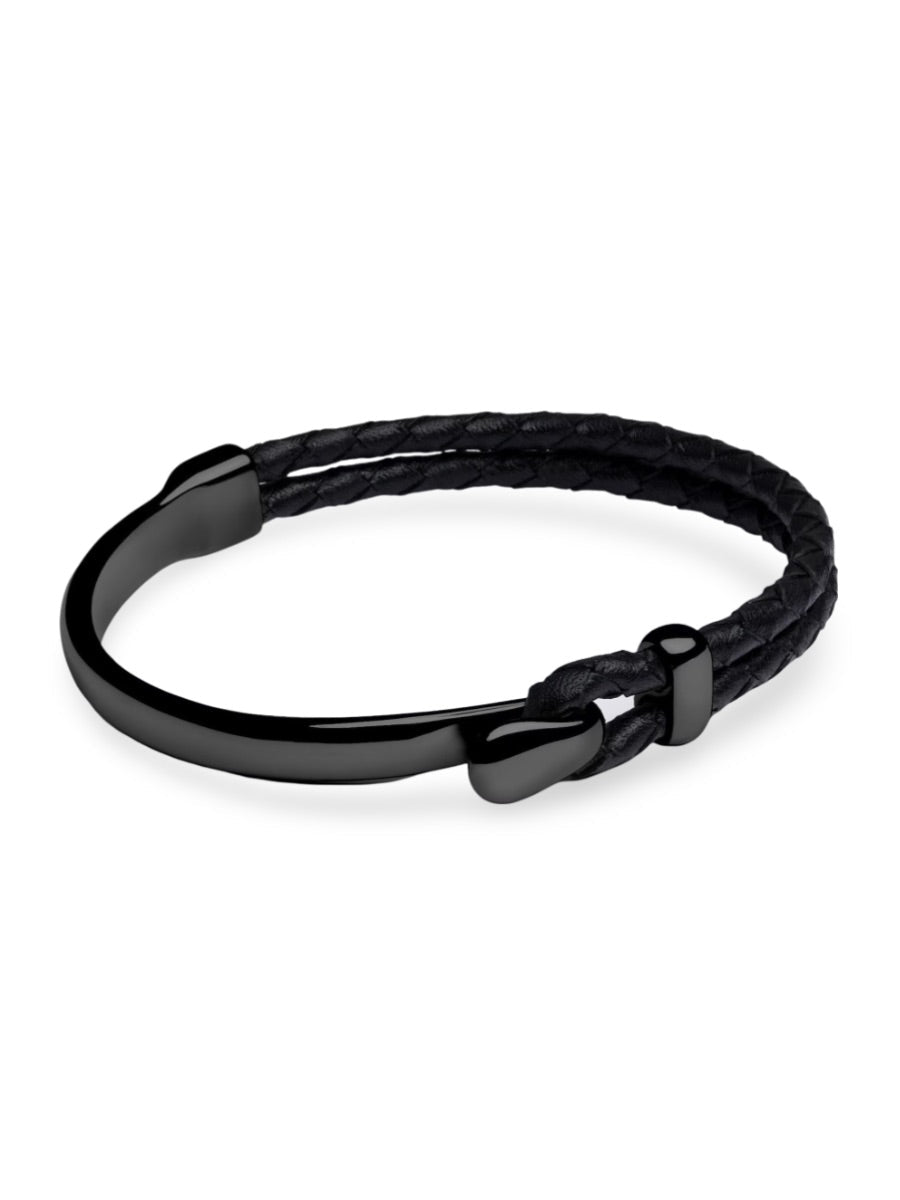 Bracelet en cuir et acier inoxydable, fermoir à crochet, accessoire pour l'homme moderne, modèle Austin - Bracelet - Noir S