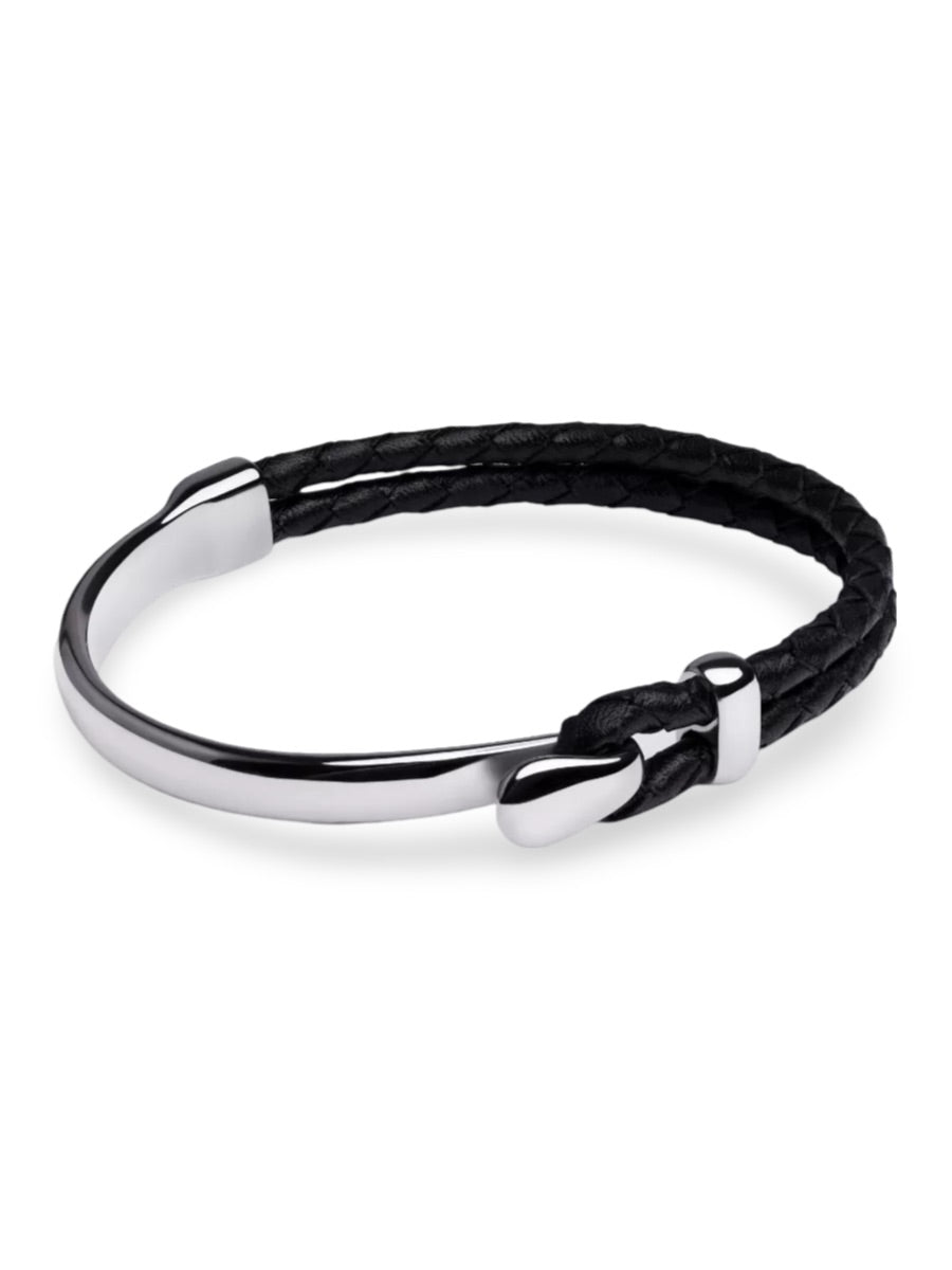 Bracelet en cuir et acier inoxydable, fermoir à crochet, accessoire pour l'homme moderne, modèle Austin - Bracelet - Noir et argent S