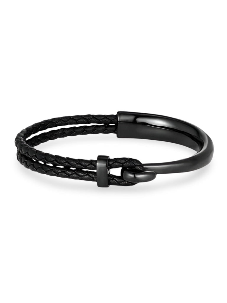 Bracelet en cuir et acier inoxydable, fermoir à crochet, accessoire pour l'homme moderne, modèle Austin - Bracelet - Noir S