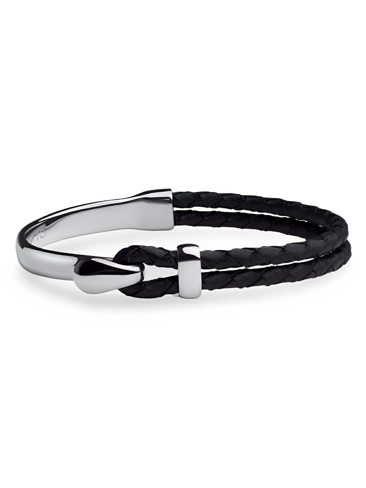 Bracelet en cuir et acier inoxydable, fermoir à crochet, accessoire pour l'homme moderne, modèle Austin - Bracelet - Noir et argent S