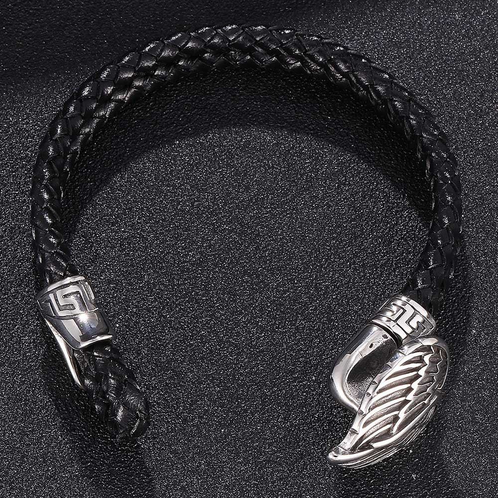 Bracelet en cuir, motif ailes gracieuses, modèle Kaliope - Bracelet - Noir 17 cm