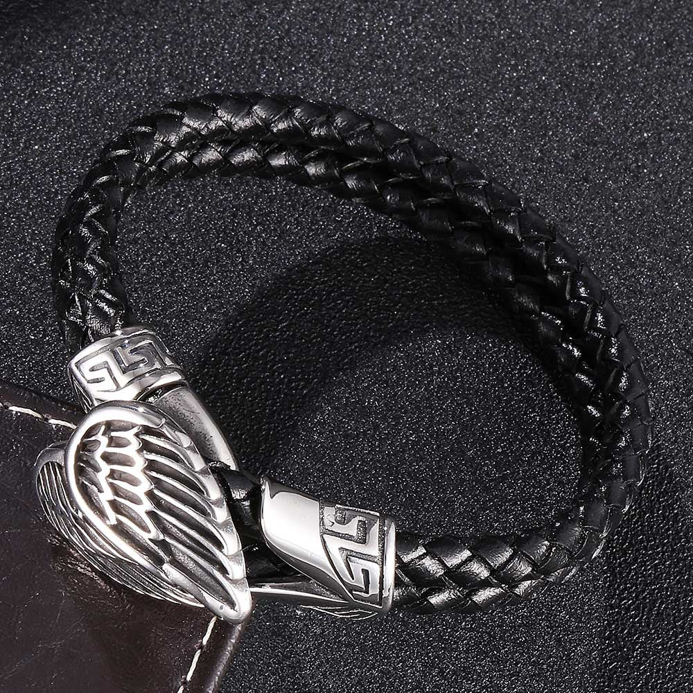 Bracelet en cuir, motif ailes gracieuses, modèle Kaliope - Bracelet - Noir 17 cm