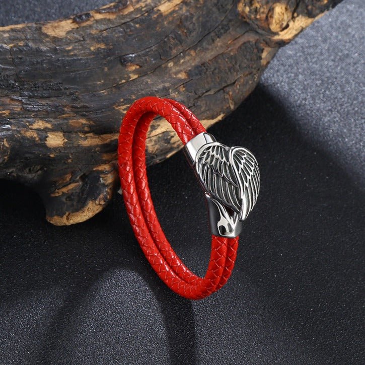 Bracelet en cuir, motif ailes gracieuses, modèle Kaliope - Bracelet - Rouge 17 cm