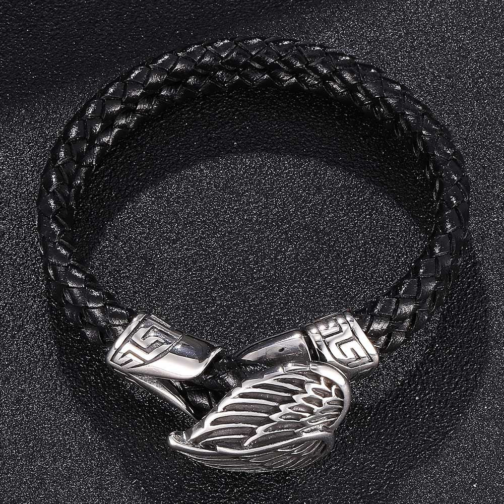 Bracelet en cuir, motif ailes gracieuses, modèle Kaliope - Bracelet - Noir 17 cm