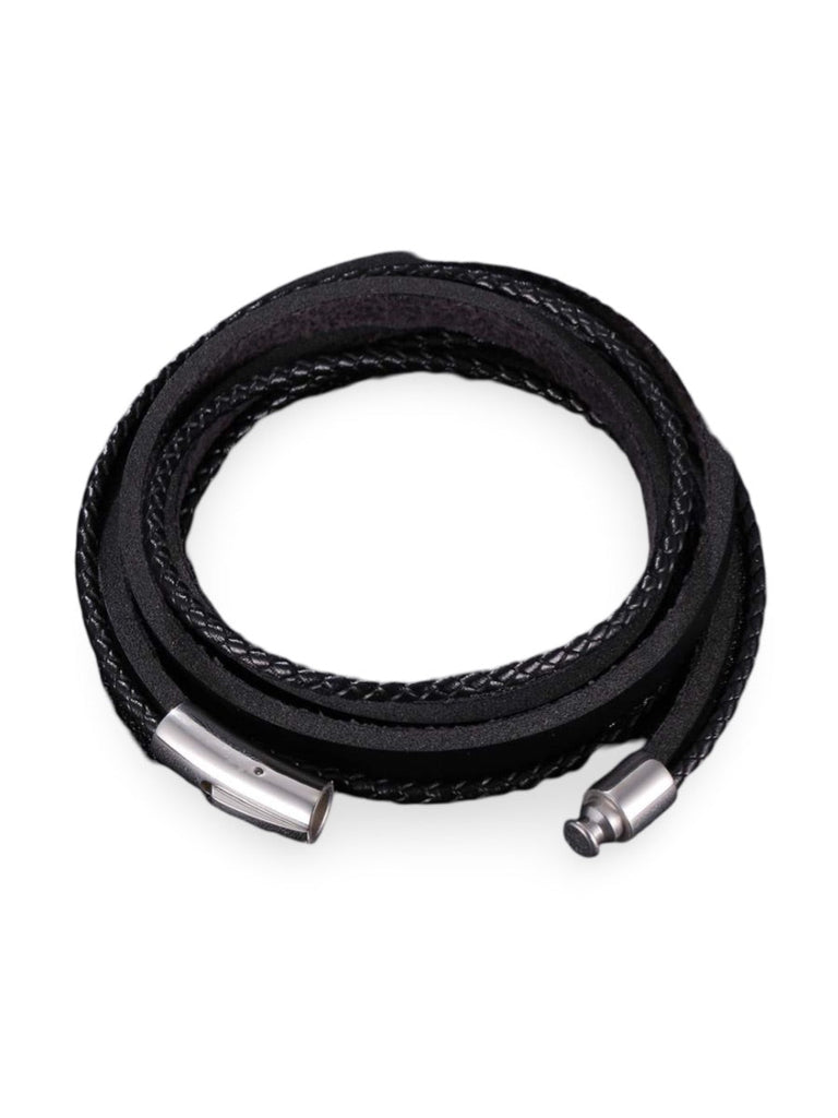 Bracelet en cuir multi - rangs homme, fermeture magnétique, style moderne, modèle Guibert - Bracelet - Noir S