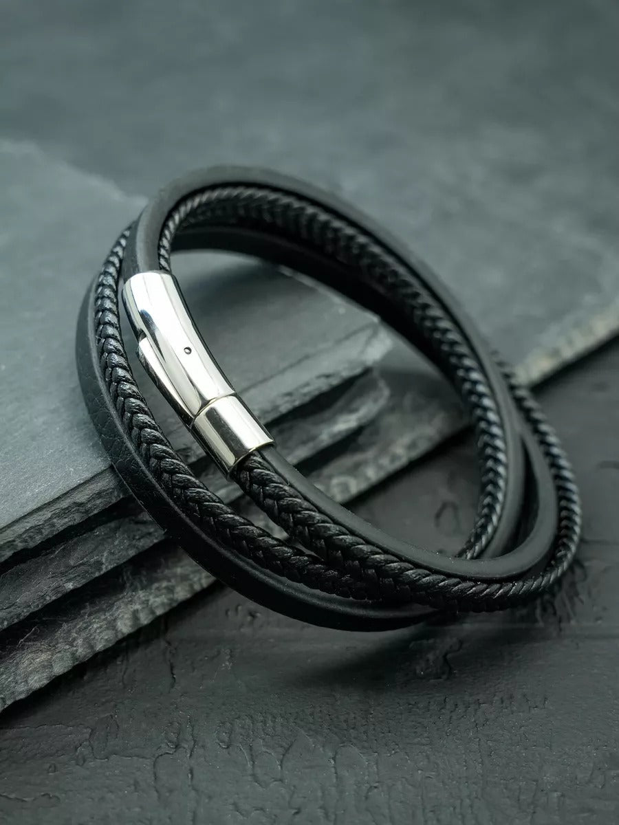 Bracelet en cuir multi - rangs homme, fermeture magnétique, style moderne, modèle Guibert - Bracelet - Noir S