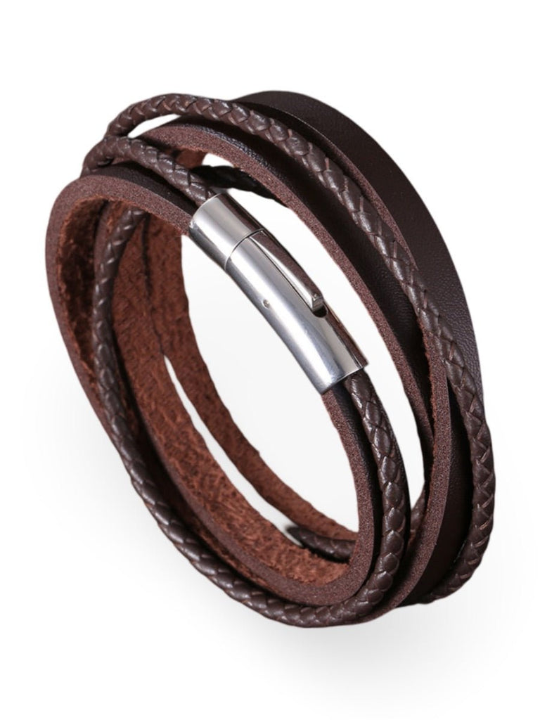 Bracelet en cuir multi - rangs homme, fermeture magnétique, style moderne, modèle Guibert - Bracelet - Marron S