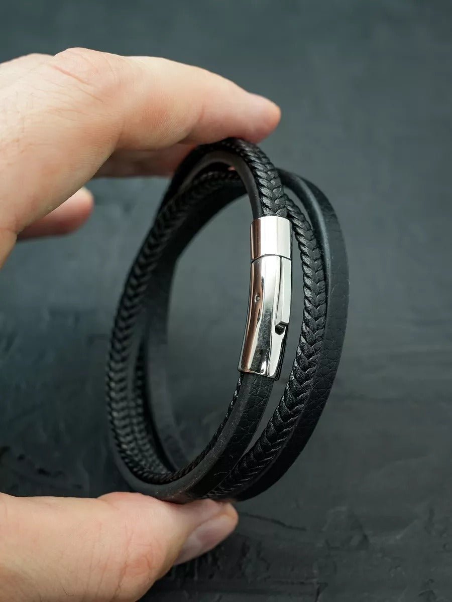 Bracelet en cuir multi - rangs homme, fermeture magnétique, style moderne, modèle Guibert - Bracelet - Noir S