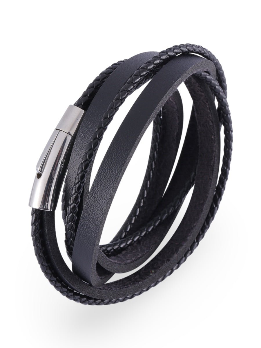 Bracelet en cuir multi - rangs homme, fermeture magnétique, style moderne, modèle Guibert - Bracelet - Noir S