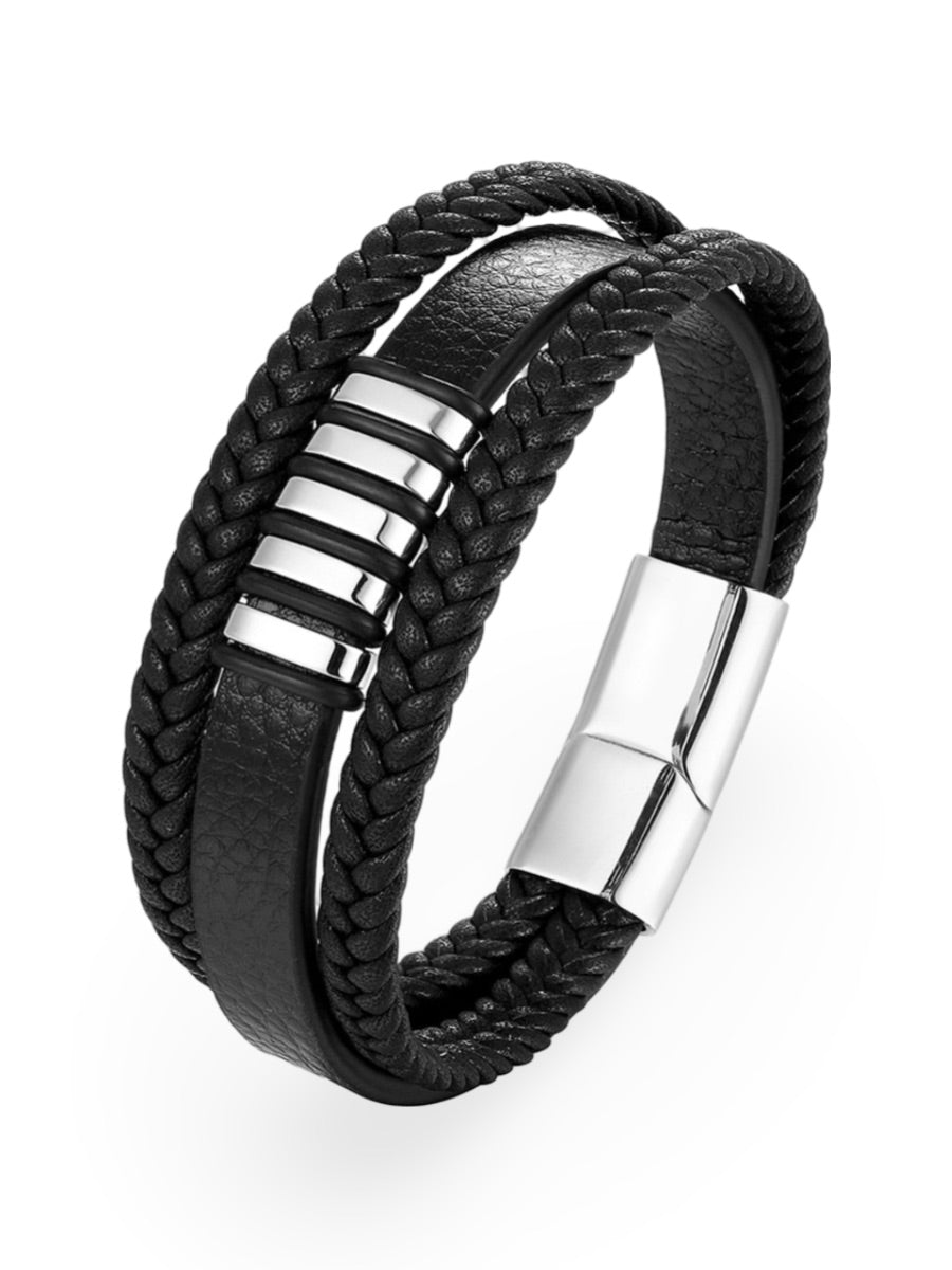 Bracelet en cuir noir tressé, acier inoxydable, fermoir magnétique, au style moderne, modèle Fernand - Bracelet - Argent S