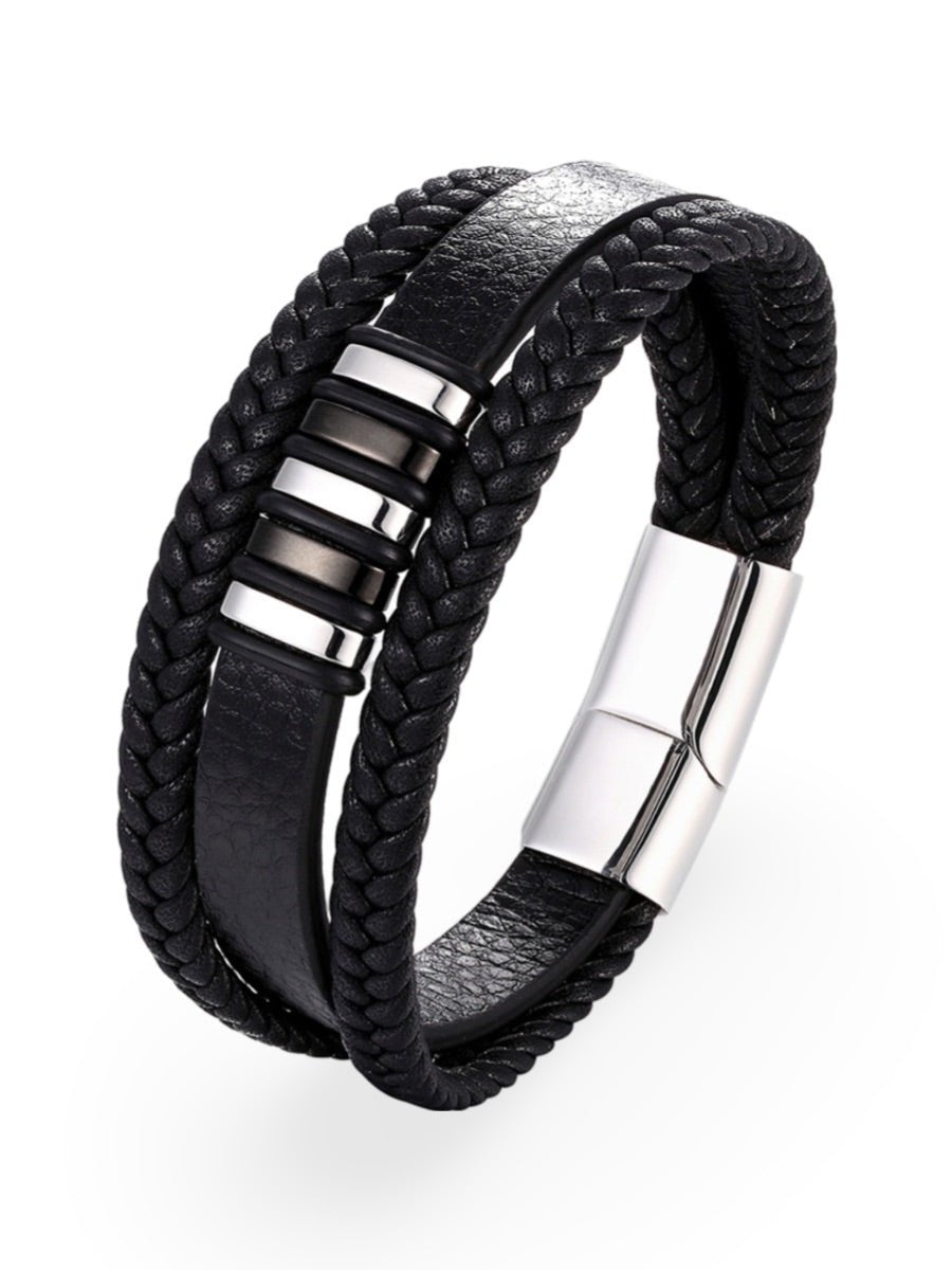 Bracelet en cuir noir tressé, acier inoxydable, fermoir magnétique, au style moderne, modèle Fernand - Bracelet - Noir et argent S