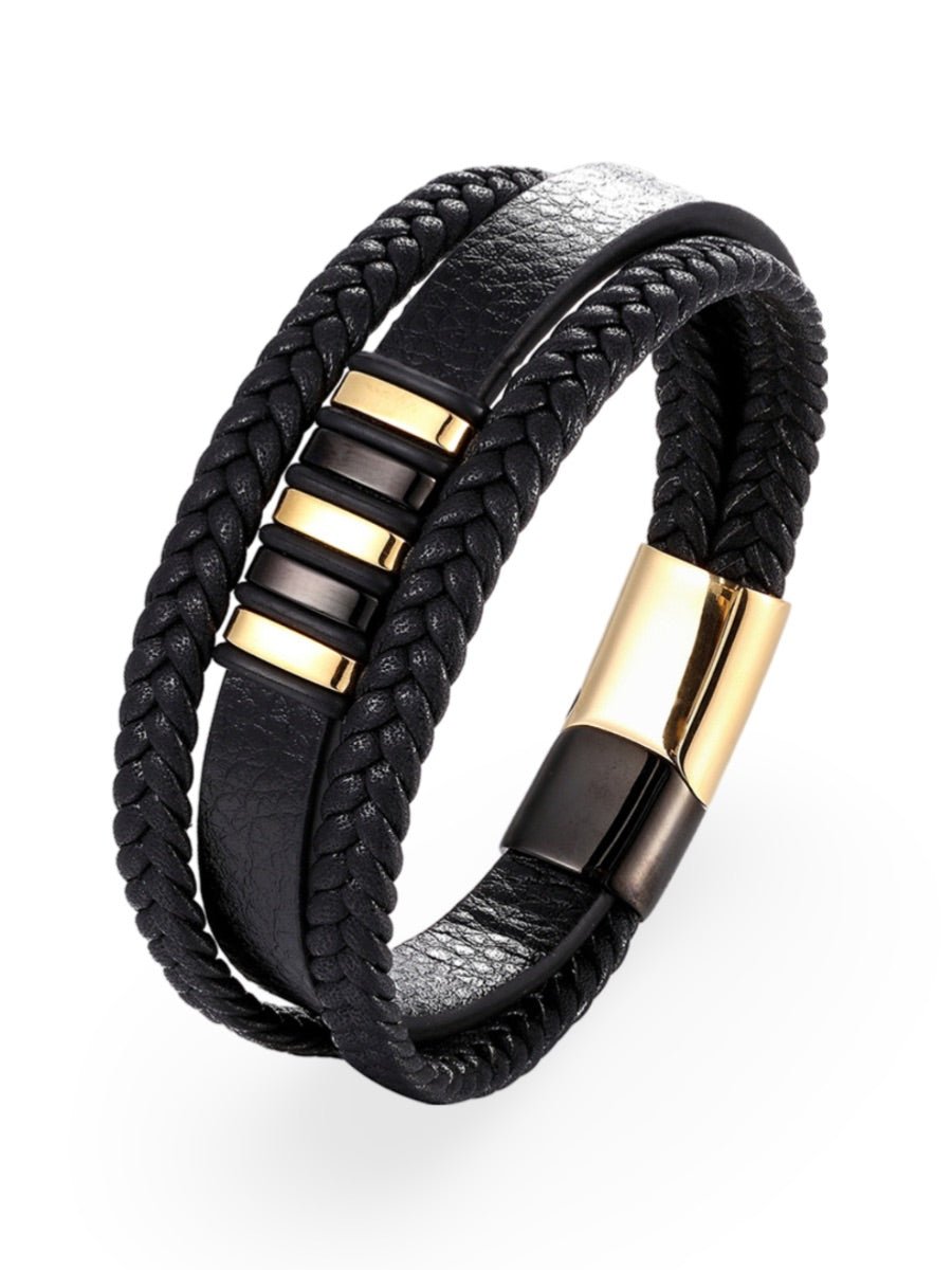 Bracelet en cuir noir tressé, acier inoxydable, fermoir magnétique, au style moderne, modèle Fernand - Bracelet - Noir et or S