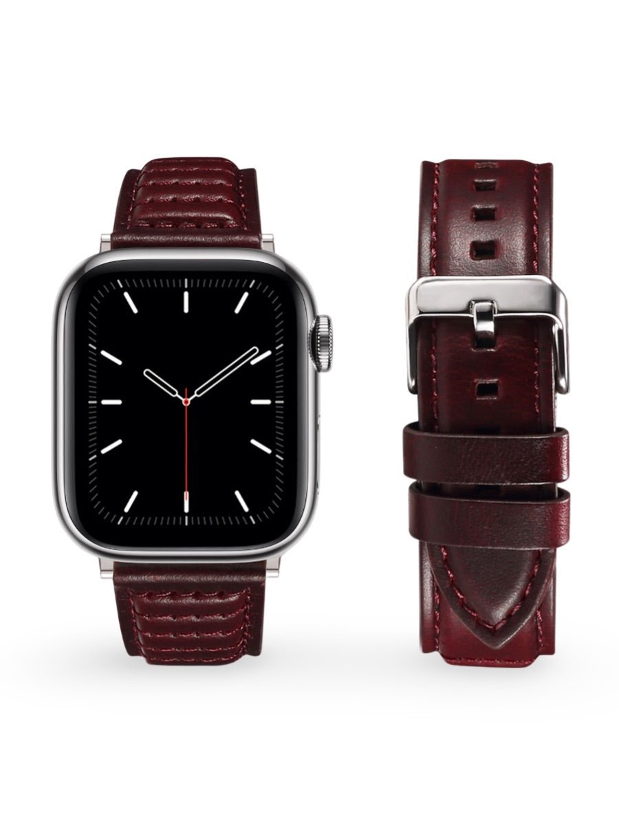 Bracelet en cuir pleine fleur Apple Watch, boucle acier inoxydable, ajustable, modèle Tovin - Bracelet Apple Watch - Bordeaux 38 à 42mm