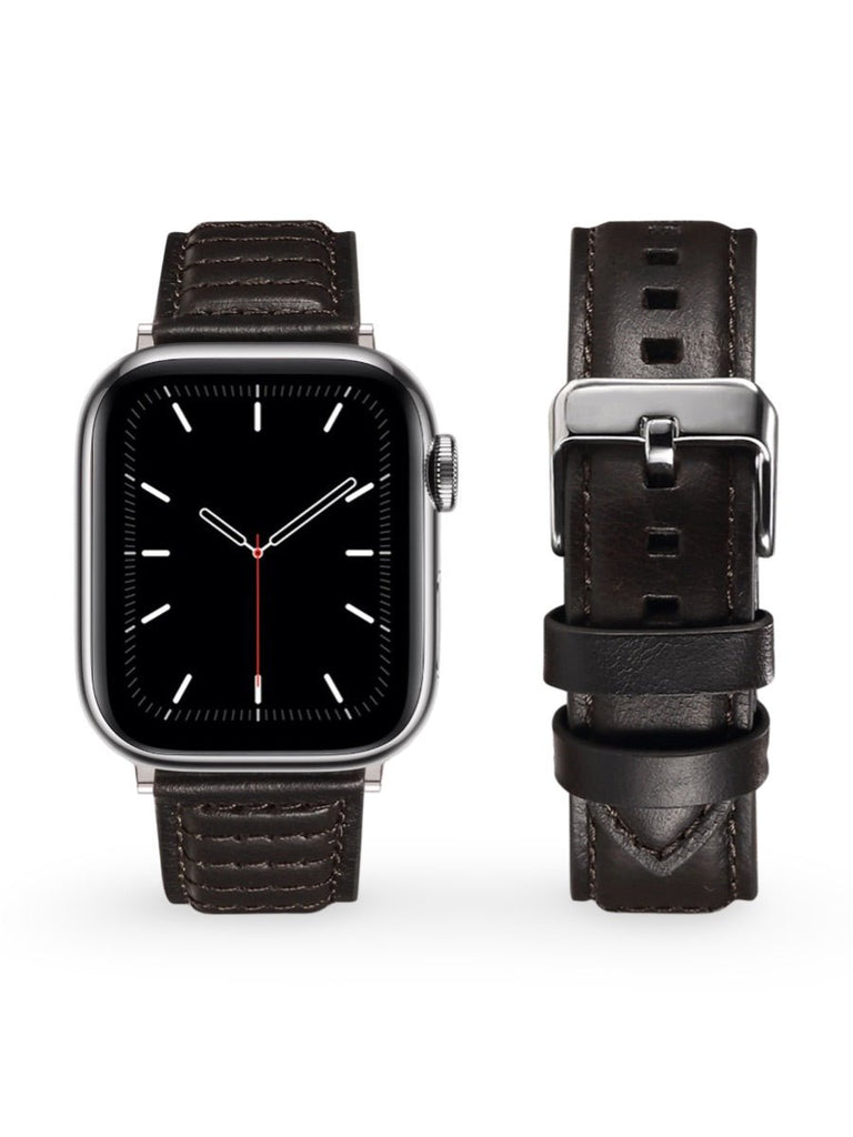 Bracelet en cuir pleine fleur Apple Watch, boucle acier inoxydable, ajustable, modèle Tovin - Bracelet Apple Watch - Noir 38 à 42mm