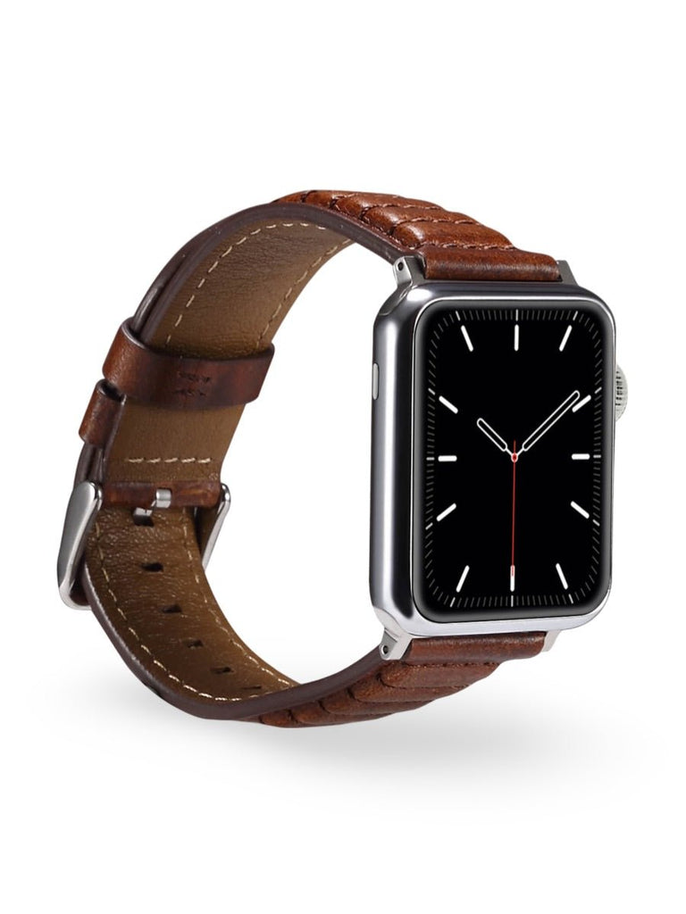 Bracelet en cuir pleine fleur Apple Watch, boucle acier inoxydable, ajustable, modèle Tovin - Bracelet Apple Watch - Marron 38 à 42mm