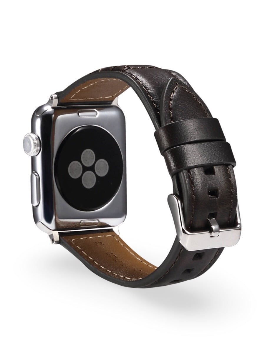 Bracelet en cuir pleine fleur Apple Watch, boucle acier inoxydable, ajustable, modèle Tovin - Bracelet Apple Watch - Noir 38 à 42mm