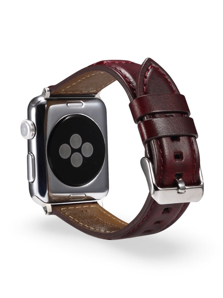 Bracelet en cuir pleine fleur Apple Watch, boucle acier inoxydable, ajustable, modèle Tovin - Bracelet Apple Watch - Bordeaux 38 à 42mm