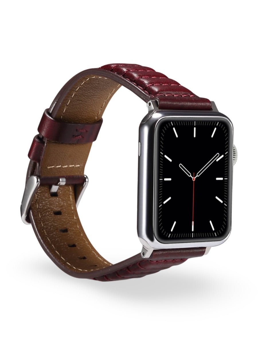 Bracelet en cuir pleine fleur Apple Watch, boucle acier inoxydable, ajustable, modèle Tovin - Bracelet Apple Watch - Bordeaux 38 à 42mm