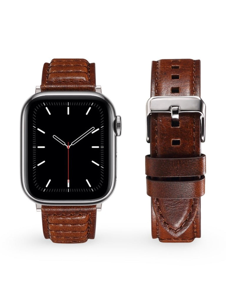 Bracelet en cuir pleine fleur Apple Watch, boucle acier inoxydable, ajustable, modèle Tovin - Bracelet Apple Watch - Marron 38 à 42mm