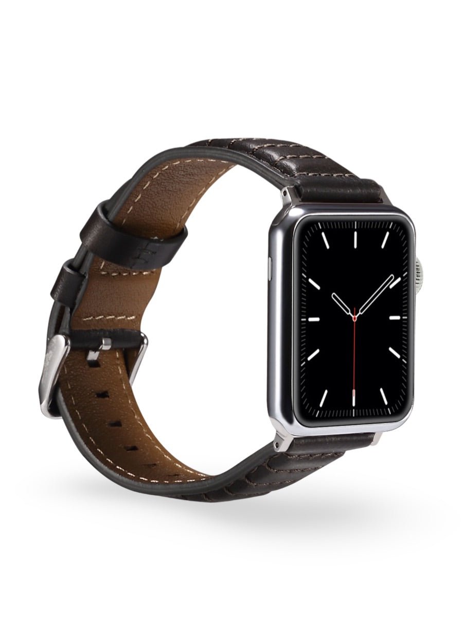 Bracelet en cuir pleine fleur Apple Watch, boucle acier inoxydable, ajustable, modèle Tovin - Bracelet Apple Watch - Noir 38 à 42mm