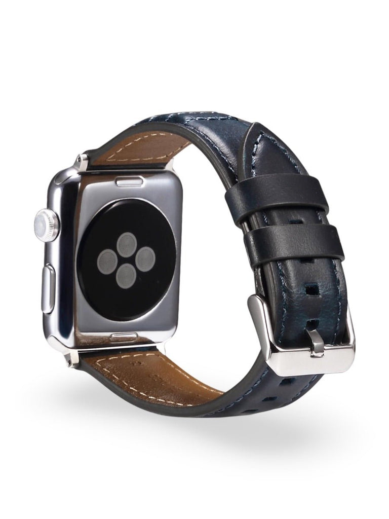 Bracelet en cuir pleine fleur Apple Watch, boucle acier inoxydable, ajustable, modèle Tovin - Bracelet Apple Watch - Bleu 38 à 42mm