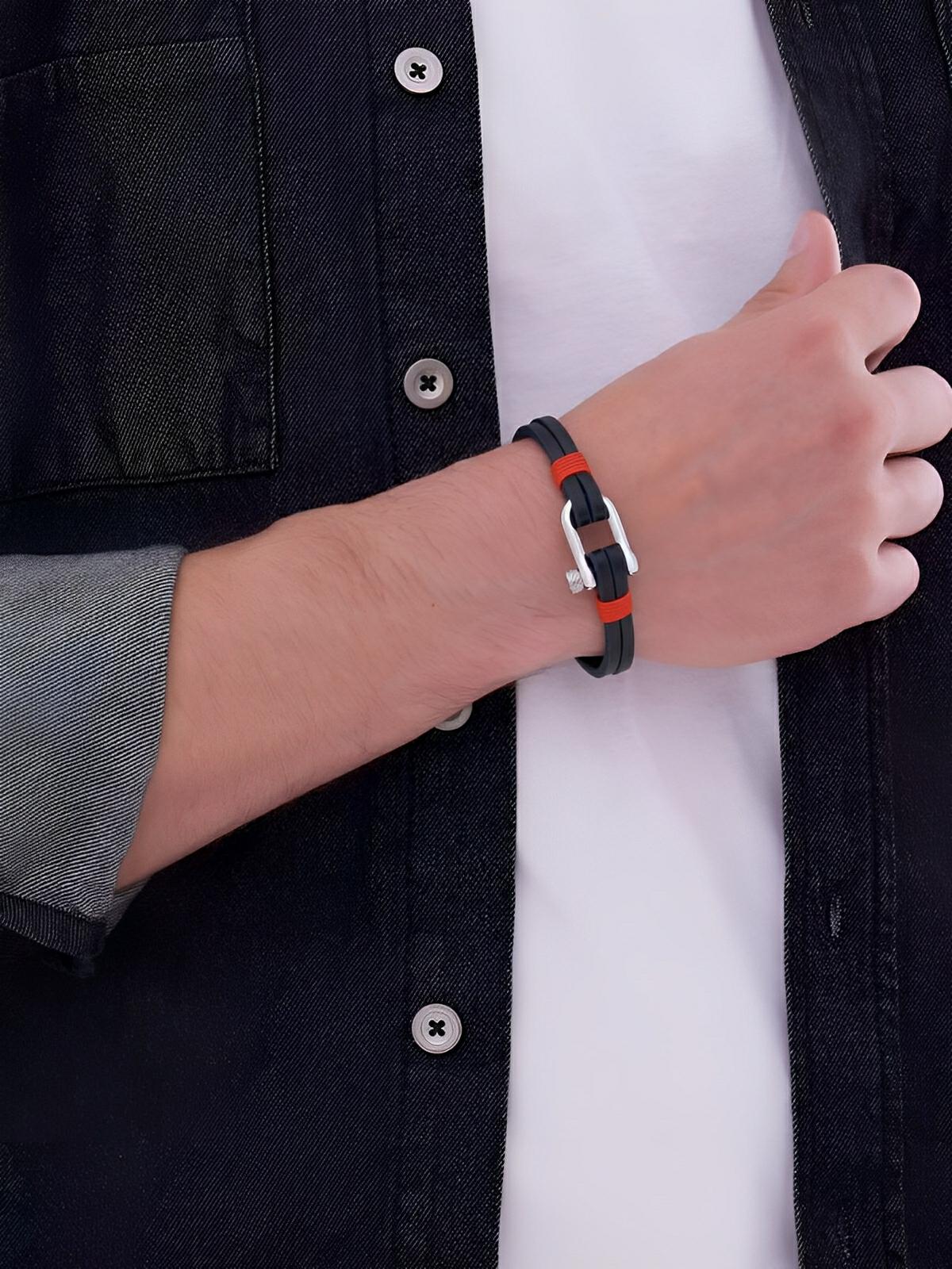 Bracelet en cuir pour homme, fermoir à manille, raffiné, look masculin, modèle Clément - Bracelet - Noir et rouge S