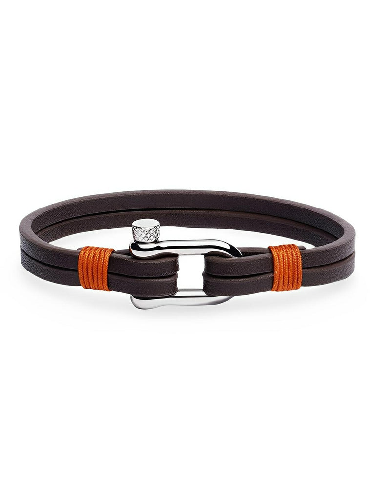 Bracelet en cuir pour homme, fermoir à manille, raffiné, look masculin, modèle Clément - Bracelet - Café et orange S