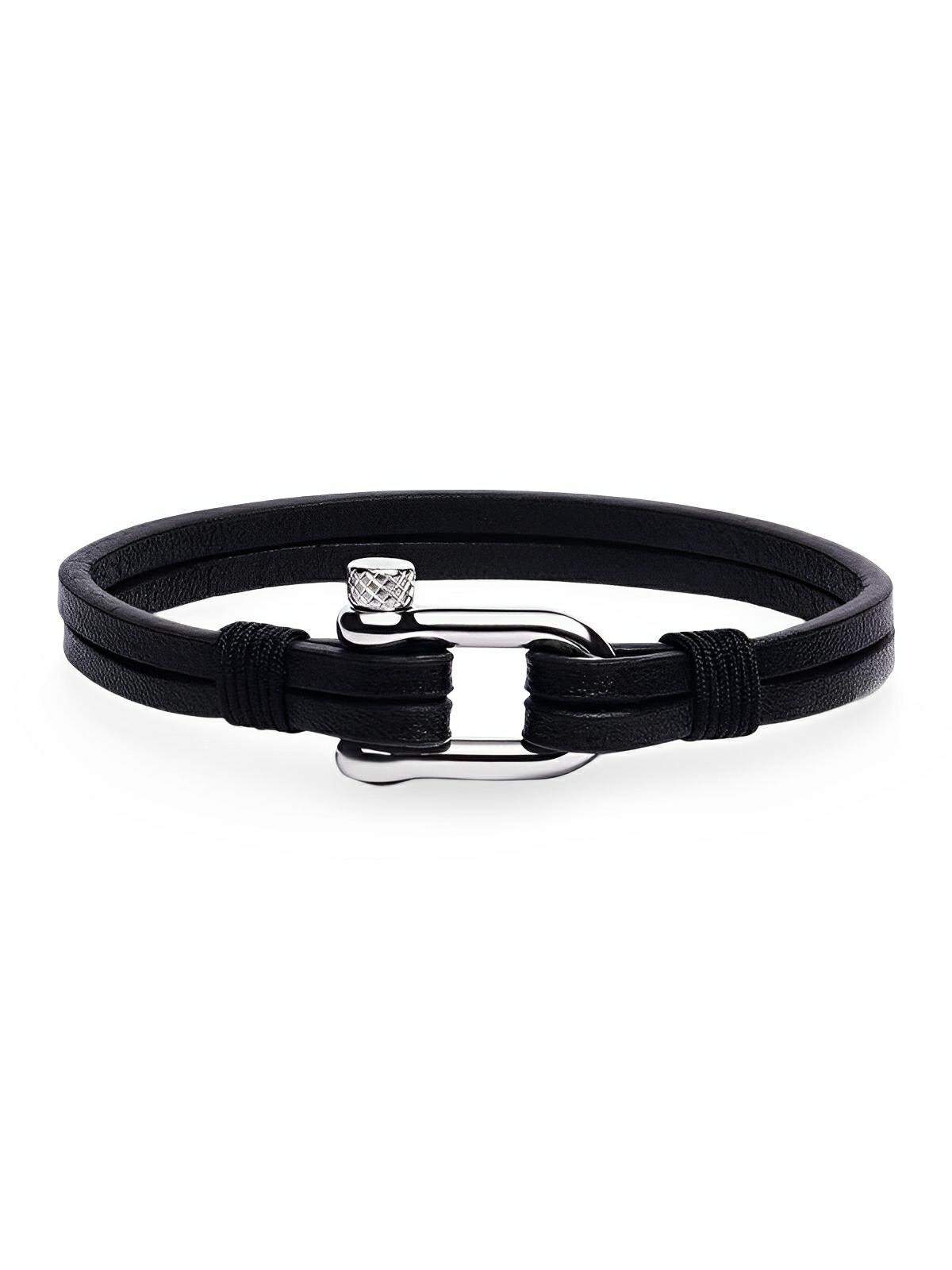 Bracelet en cuir pour homme, fermoir à manille, raffiné, look masculin, modèle Clément - Bracelet - Noir S