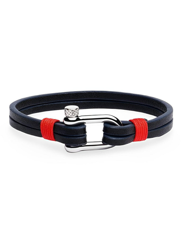 Bracelet en cuir pour homme, fermoir à manille, raffiné, look masculin, modèle Clément - Bracelet - Noir et rouge S