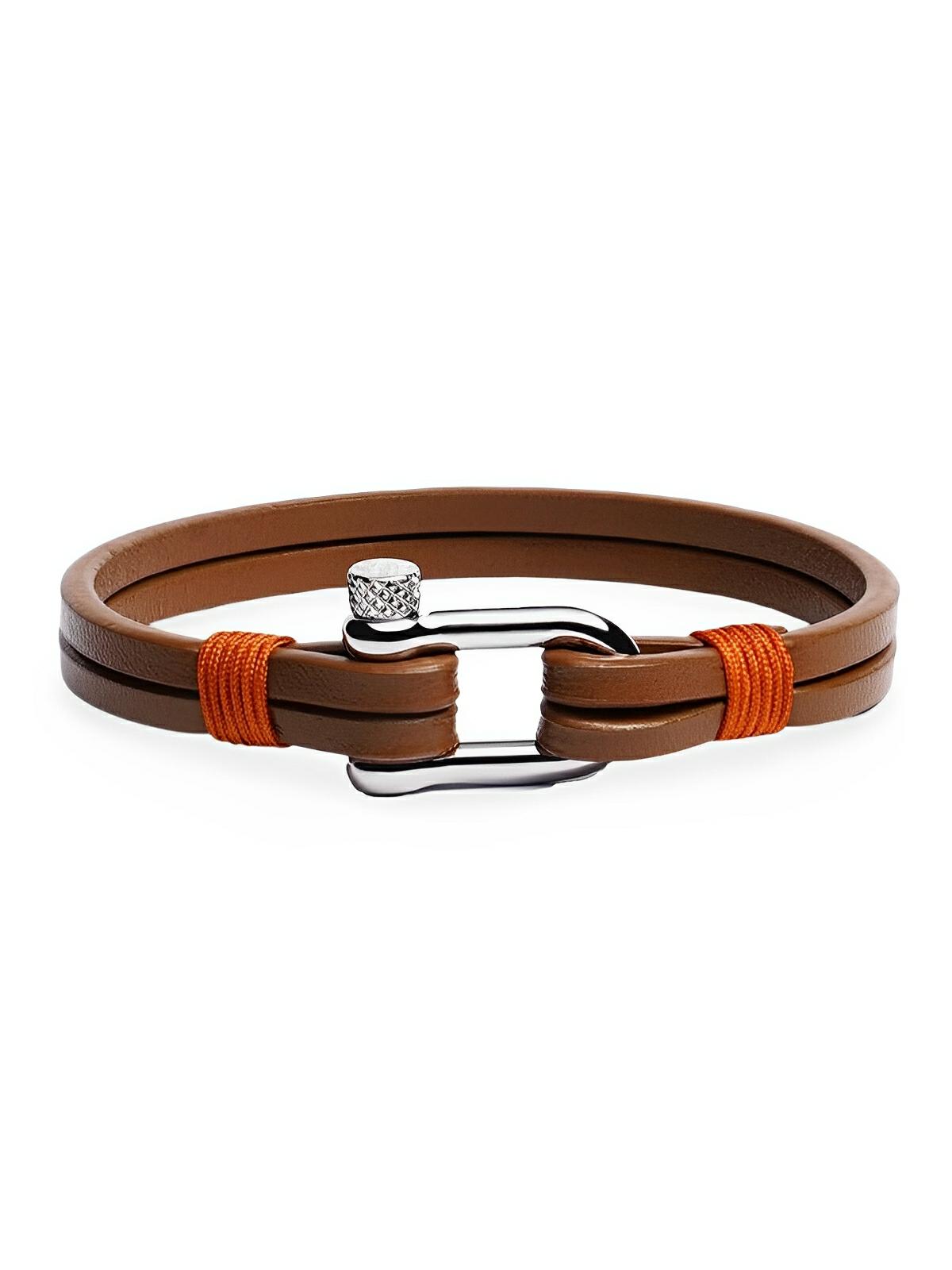 Bracelet en cuir pour homme, fermoir à manille, raffiné, look masculin, modèle Clément - Bracelet - Marron et orange S