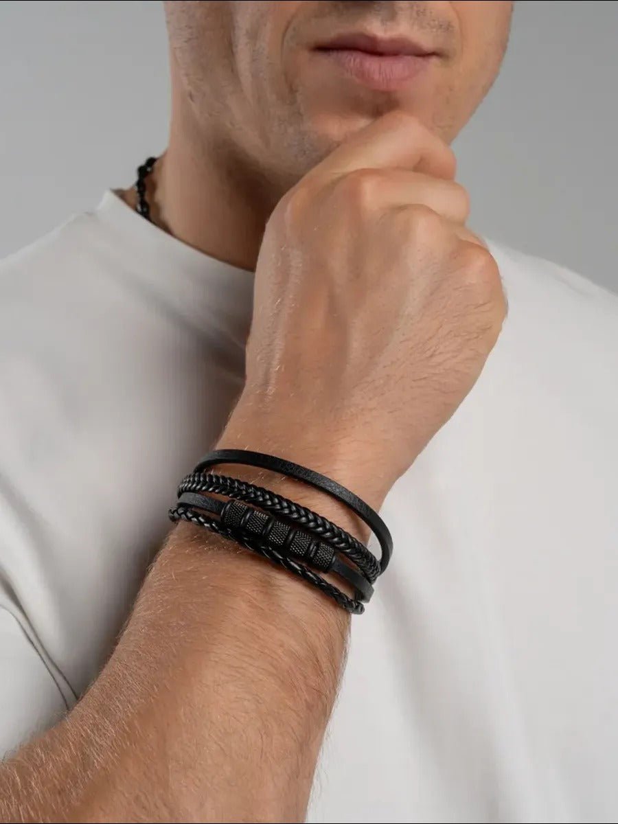 Bracelet en cuir tressé homme, acier inoxydable, multi - rangs, au style moderne, modèle Faron - Bracelet - Noir S