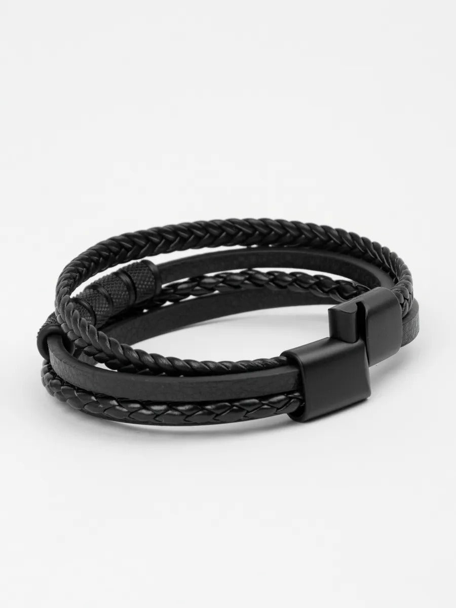 Bracelet en cuir tressé homme, acier inoxydable, multi - rangs, au style moderne, modèle Faron - Bracelet - Noir S